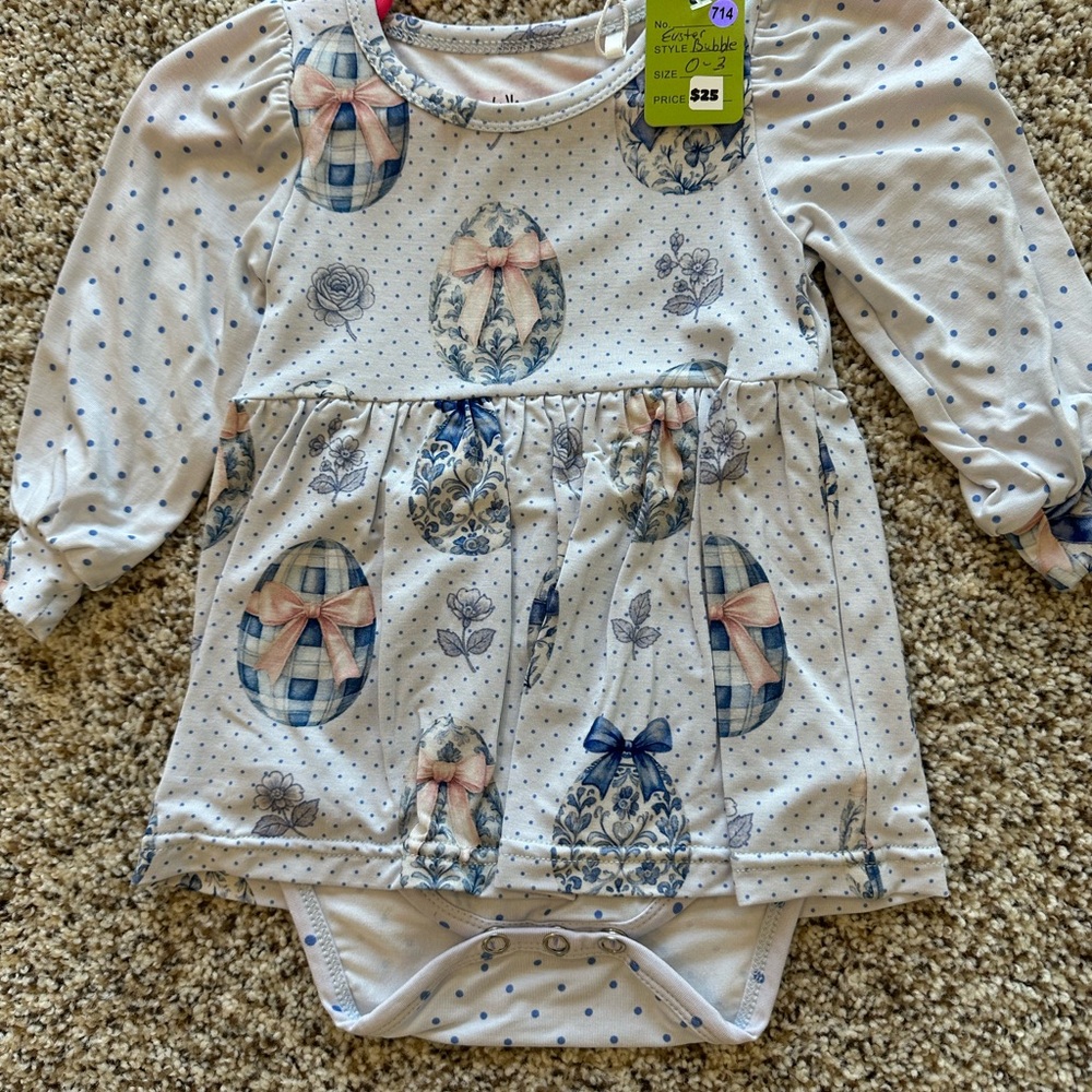 Baby Girl Long Sleeve Bamboo Bodysuit Dress with Bow & Egg Print 0-3 NWT